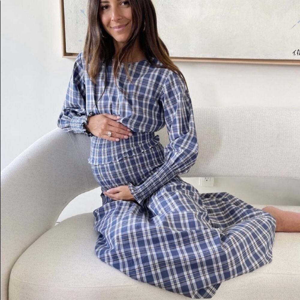 Something Navy Blanche Smocked Midi Dress Plaid Size XL SWED000212 Maternity‎